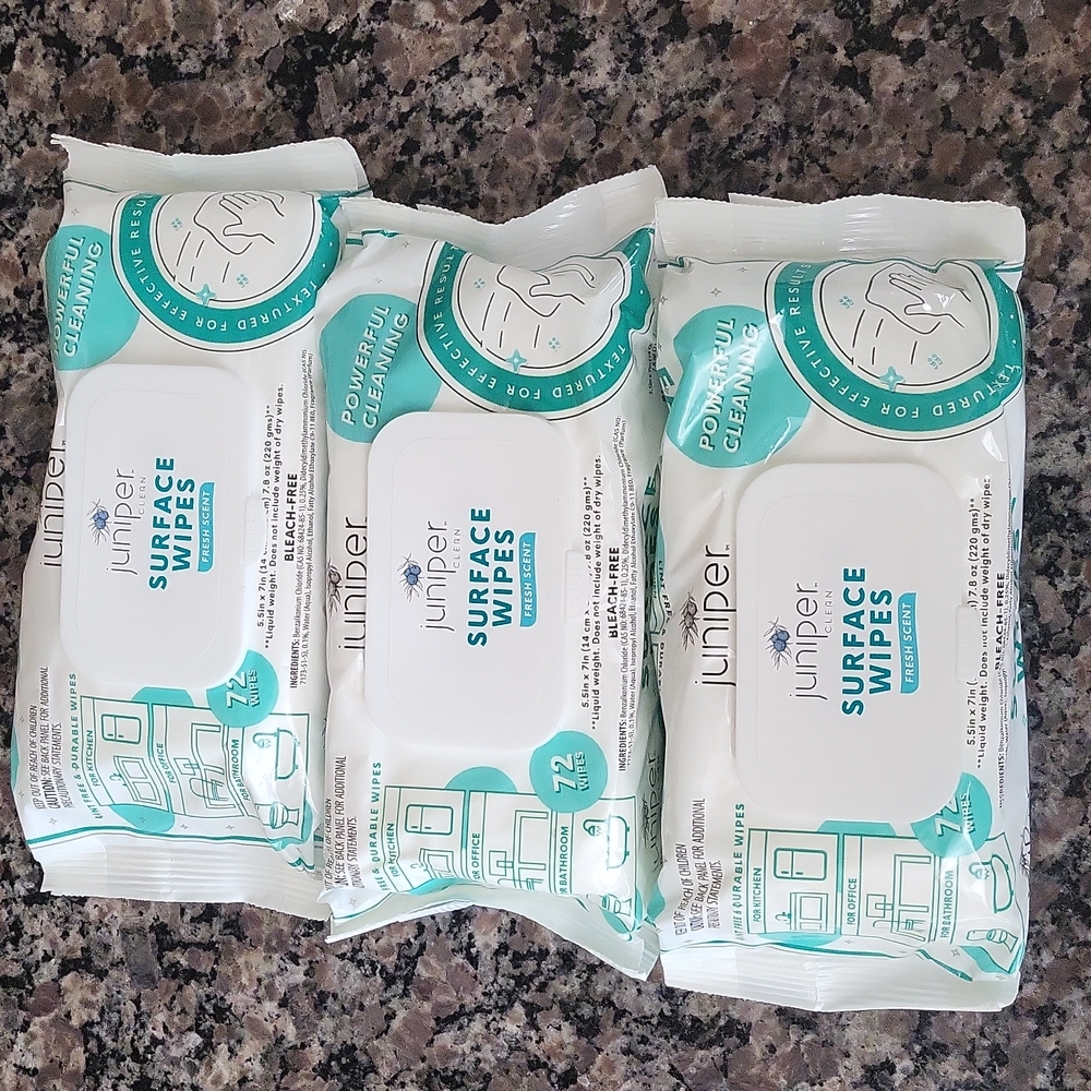 Lot of 3 juniper surface cleaning wipes new fresh scent 72 wipes each bleachfree